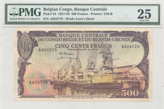 1957 Belgian Congo,  Banque Centrale 500 Francs Pmg 25 Very Fine P : 34 photo