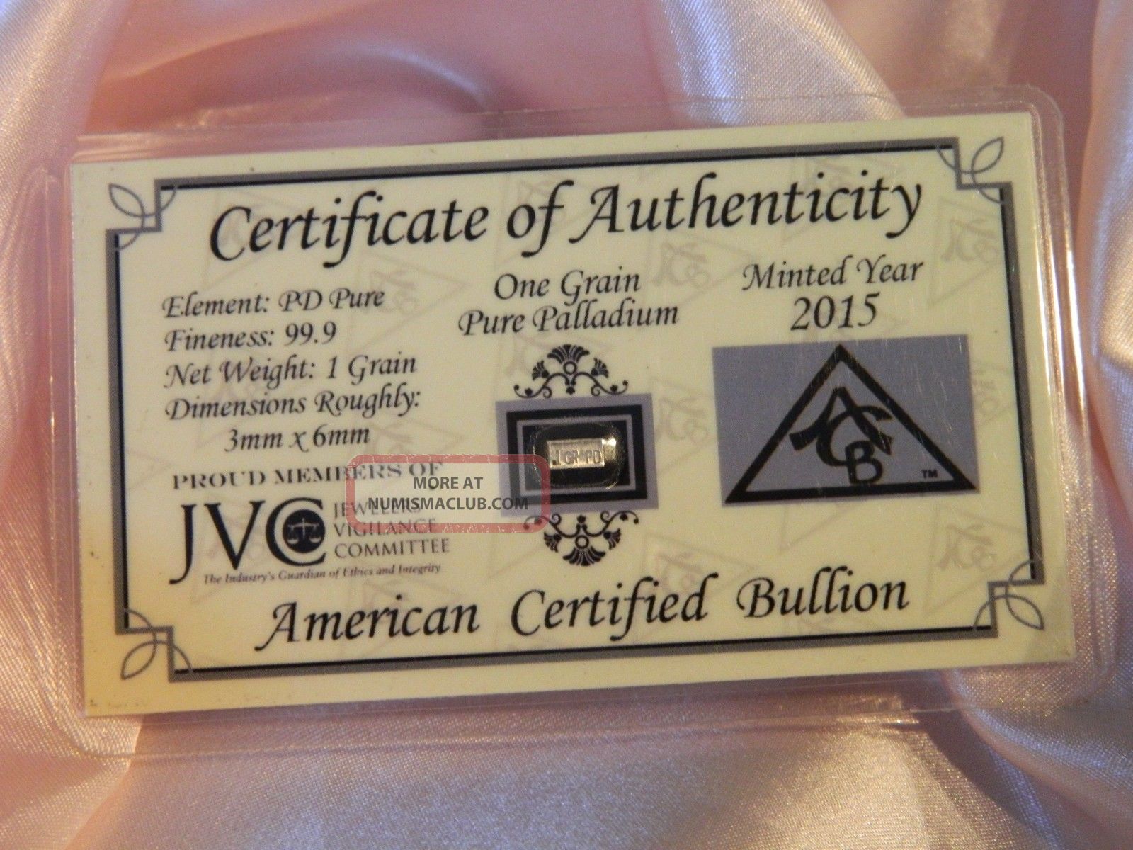 One Grain Of Pure Palladium With Certificate Of Authenticity Bullion photo