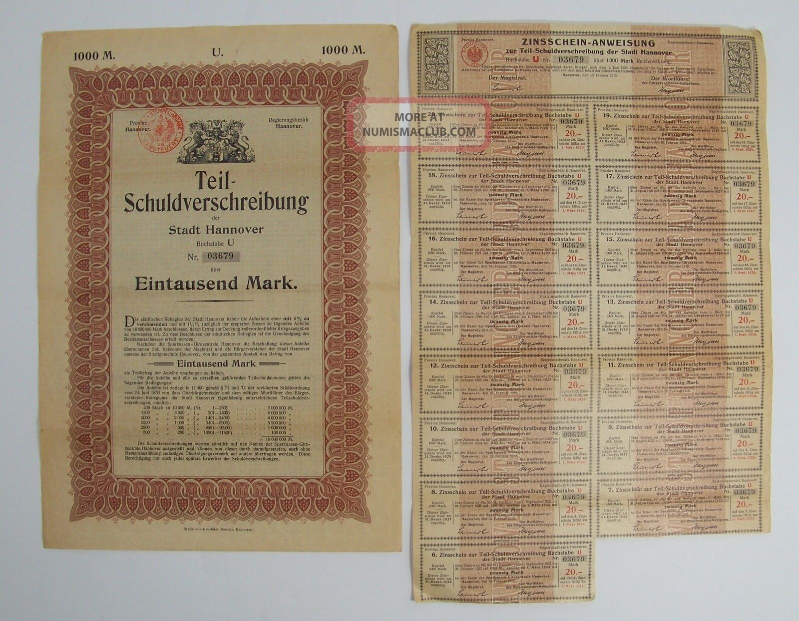 Antique 1919 German Bond W/ Uncancelled Coupons 1000 Eintausend Mark Nr.  03679 World photo