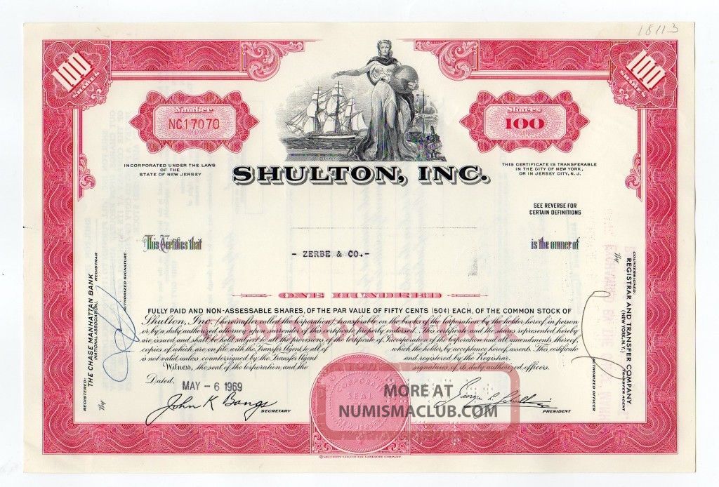 Shulton,  Inc Stock Certificate Stocks & Bonds, Scripophily photo