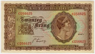 Luxembourg 1943 Issue Occupation - Ww Ii 20 Frang Note Crisp Xf.  Pick 42a photo