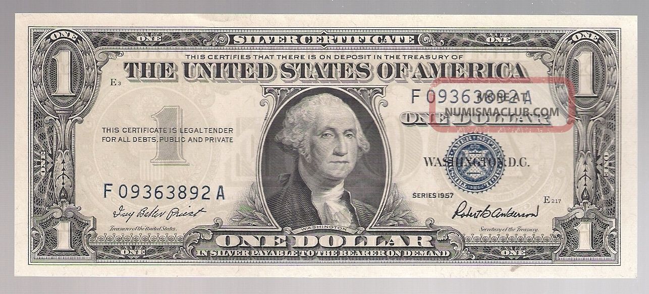 Series 1957 Cu One Dollar Silver Certificate,  Serial F 09363892 A Small Size Notes photo