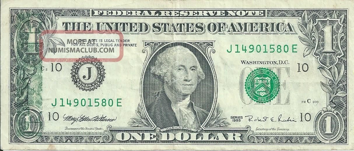 Rare Error Frn $1 1995 Kansas City Partial Back To Face Offset Ink 580e Paper Money: US photo
