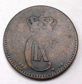 1880 Cs Denmark 2 Ore G - Vg Rare Date Key Christian Ix Porpoise Old Bronze Coin photo