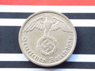 Rare German Coin 10 Pfennig Rpf.  1938 A Brass Third Reich Swastika Nazi 3rd Ww2 photo