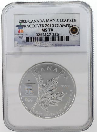 2008 Pcgs Canada Maple Leaf $5 Vancouver 2010 Olympics Ms70 photo