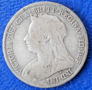 . 925 Silver 1894 Great Britain 6 Pence Victoria Mature Bust Circ Lb 19 photo