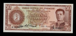 Paraguay 50 Guaranies L.  1952 Sign.  Rivarola - Acosta Pick 197a Unc Banknote. photo