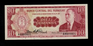 Paraguay 10 Guaranies 1952 Large Sign.  Stark - Acosta Pick 196a Au - Unc Banknote. photo
