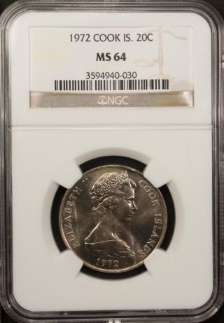 1972 Cook Islands 20 Cents Ngc Ms 64 Unc Copper Nickel photo