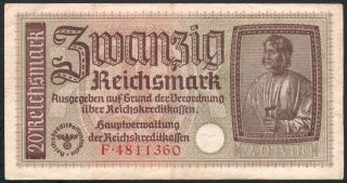Nazi German 20 Reichsmark 1940 - 1945 Series: F4811360 - 