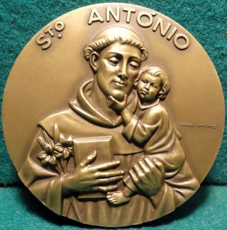 St Anthony W/ Child Jesus / 18th Cent.  Church 89mm Bronze Medal By Cabral Antunes photo