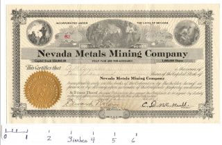 Nevada Metals Mining Company Stock Certificate 10,  000 Shares 1920 photo
