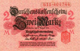 Xxx - Rare 2 Mark Empire Banknote Darlehnskassenschein Ww I 1914 Unc photo