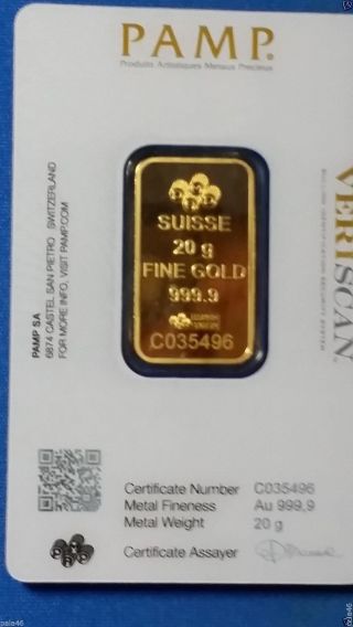 20 Gram Pamp Suisse Fortuna Veriscan Gold Bullion Bar W/ Assay Eligible For Ira photo