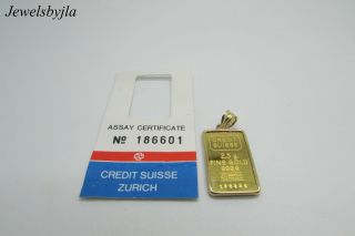 Credit Suisse 2.  5 Grams Fine Gold Bar 999.  9 Pendant With 14k Yellow Gold Frame photo