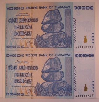 Zimbabwe Series 2008 Aa,  Pair 100 Trillion Dollar Crisp U.  S photo