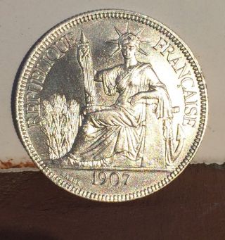 French Indo - China 1907 A 1 Piastre Silver Coin photo