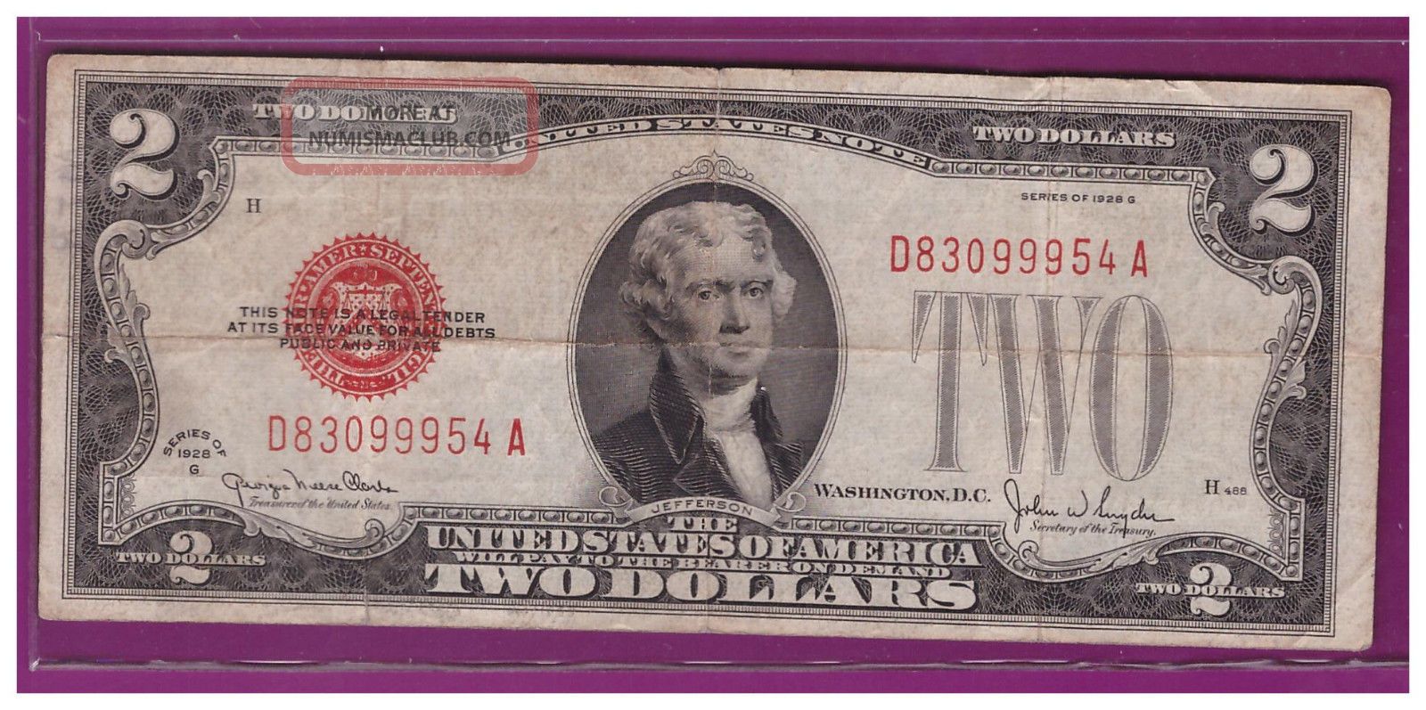 1928g $2 Dollar Bill Old Us Note Legal Tender Paper Money Currency Red Seal V160 Small Size Notes photo