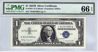 Fr.  1621 $1 1957 B (v - A) Silver Certificate Pmg Gem Uncirculated 66 Epq 2 Of 2 photo