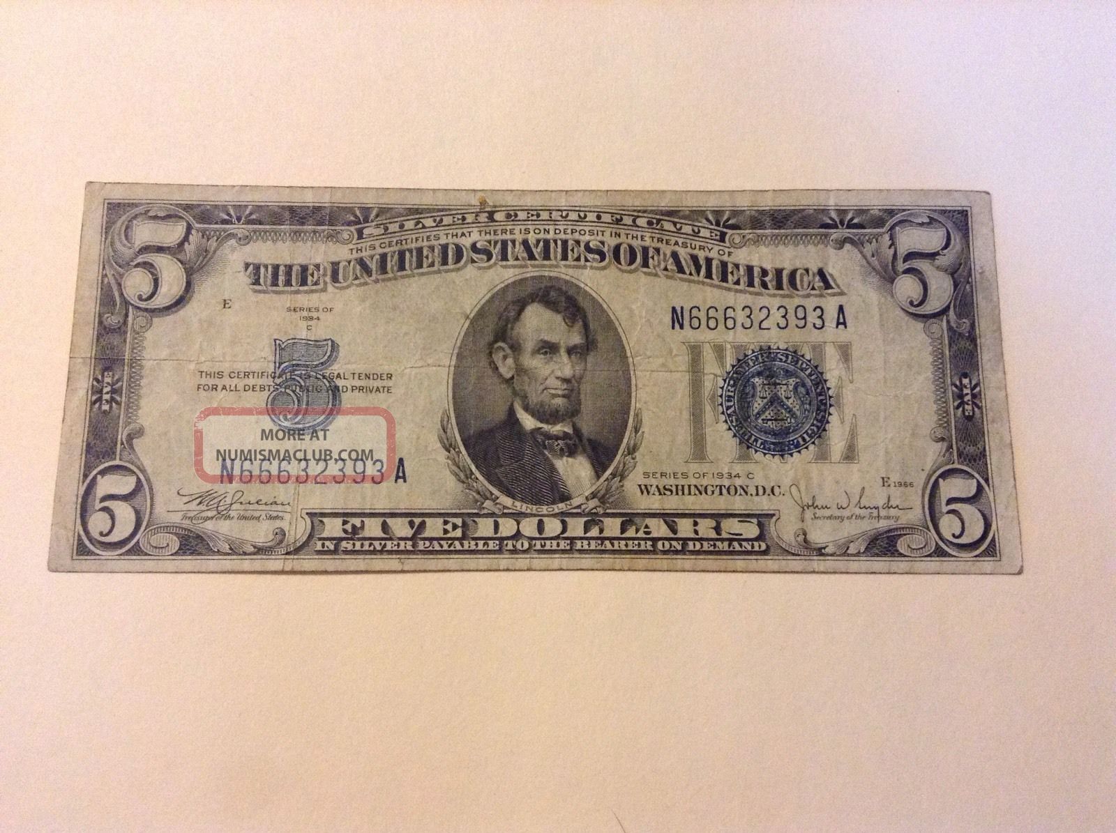 Vintage $5 1934 - C Silver Certificate Five Dollars Money Lincoln Blue Seal Small Size Notes photo