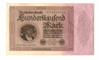 1923 Germany Weimar Republic 100.  000 Mark Banknote photo