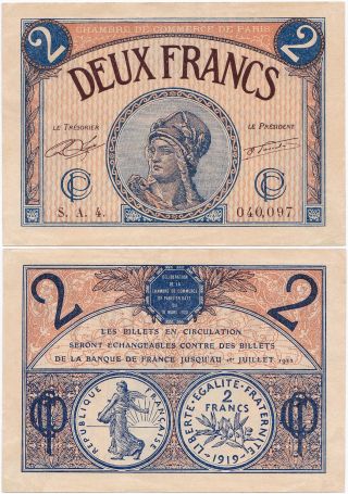 France,  2 Francs 1919 (1922),  Xf,  Chambre De Commerce De Paris photo