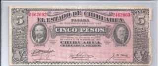 1914 Mexican 5 Pesos Chihuahua Large Note photo