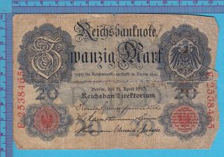 1910 Germany 20 Mark Reichsbanknote Note P 28 E2538465 photo