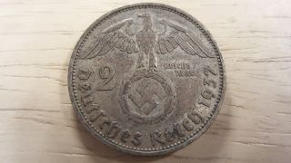 1937 A 2 Reichsmark Pre World War 2 Coinage,  Germany Axis Swastika Rare photo
