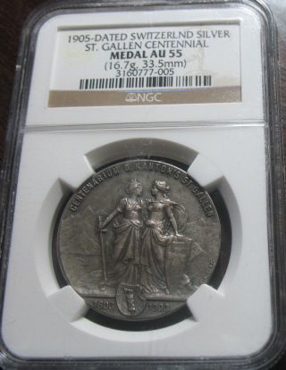 1905 Switzerland Silver Medal Ngc Au - 55 St.  Gallen (swiss) Argent photo