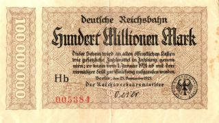 Special Inflation Note 100 Million Mark German Railway 1923 Good Con photo