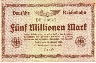 Special Inflation Note 5 Million Mark German Railway 1923 Ok Con photo