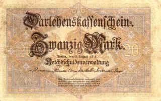 Xxx - Rare 20 Mark Banknote Darlehnskassenschein From 1914 Ok Cond photo