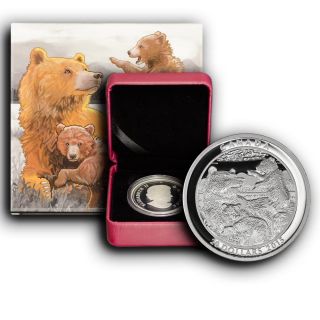 2015 Canada Grizzly Bear Family 1 Oz Proof Silver Coin Box & photo
