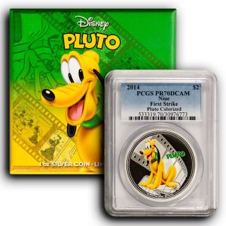 2014 Niue Pcgs Pr70 Fs Pluto Disney.  999 Silver $2 First Strike & Ogp photo