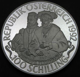 Austria 100 Schilling 1992 Proof - Silver - Kaiser Karl V.  - 1723 猫 photo