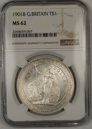 1901b Great Britain Silver Trade Dollar Coin Ngc Ms - 62 (a) photo