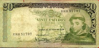 Portugal 20 Escudos 1964 P - 167 Vg Serie Erh Circulated Banknote photo