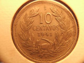 1941 Chile 10 Centavos Mintage Only 900,  000 photo