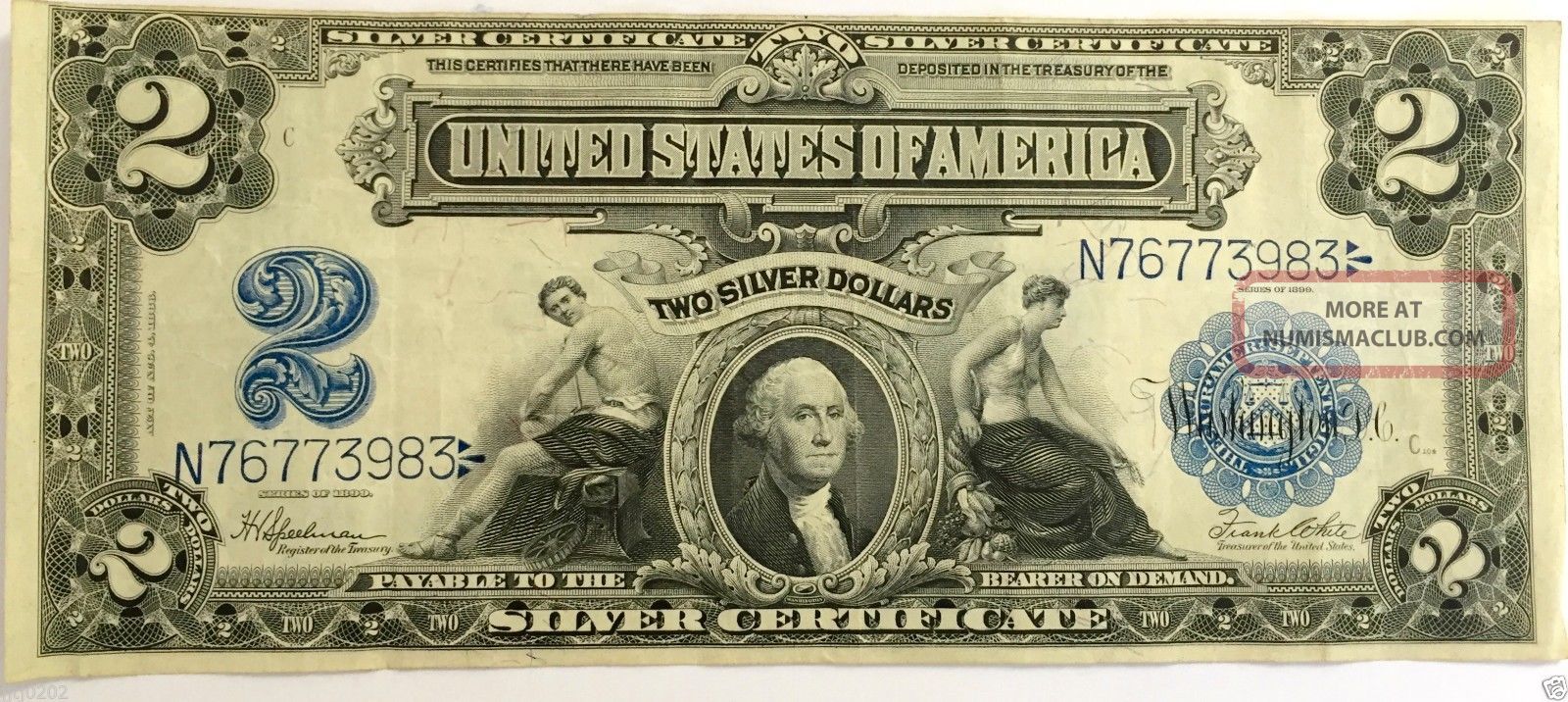 1899 Two Dollar Silver Certificate,  Blue Label,  $2 Large Note Bill S/h Large Size Notes photo