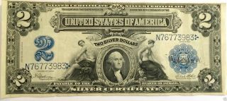 1899 Two Dollar Silver Certificate,  Blue Label,  $2 Large Note Bill S/h photo