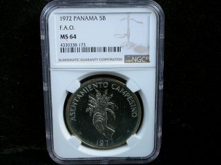 Panama 1972 Silver 5 Balboas Fao Issue Ngc Graded Ms 64 photo