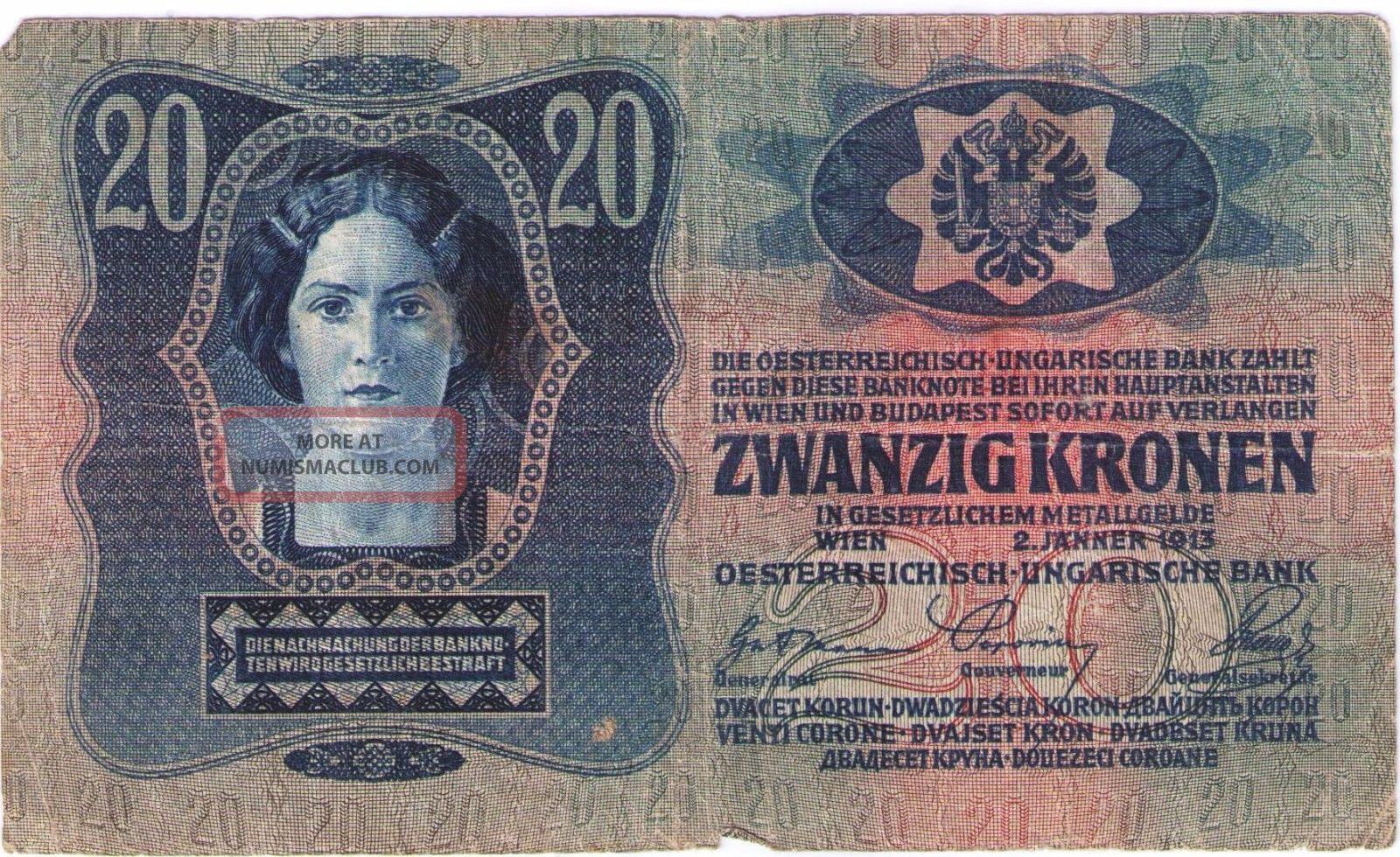 Banknote Vf Paper Money 20 Zwanzig Kronen Austria Hungary1913