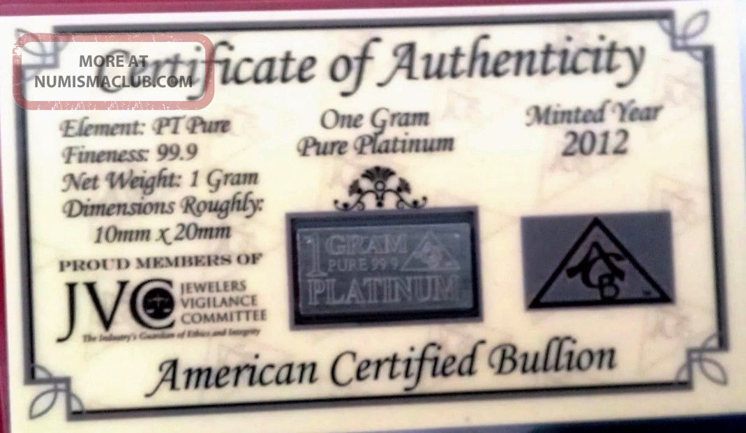 Acb Solid Platinum 1gram Bar 99.  9 Pt Bullion With Certificate Of Authenticity Platinum photo
