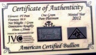 Acb Solid Platinum 1gram Bar 99.  9 Pt Bullion With Certificate Of Authenticity photo