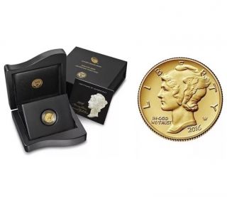 2016 Mercury Dime Centennial Gold Coin 1/10 Oz 24k Gold - Blow Out photo