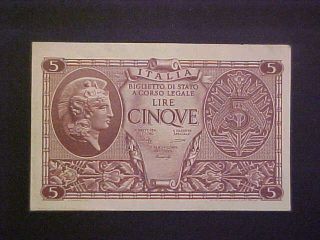 1944 Italy Paper Money - 5 Lire Banknote photo