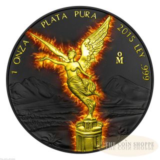 Burning Libertad - 2015 1 Oz Fine Silver Coin Mexico Ruthenium Finish 24k Gold photo