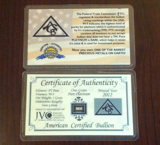 Acb Solid Platinum Pt Bullion 1grain Bar 9.  99 With Certificate Of Authenticity photo